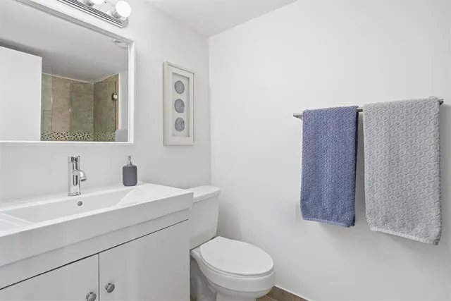 a bathroom with a toilet a sink and mirror