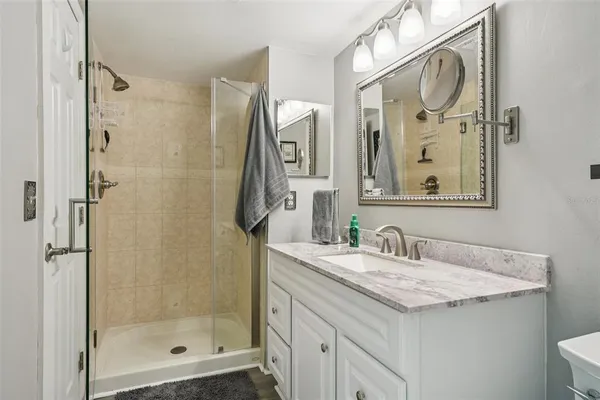 a bathroom with a granite countertop shower sink and mirror