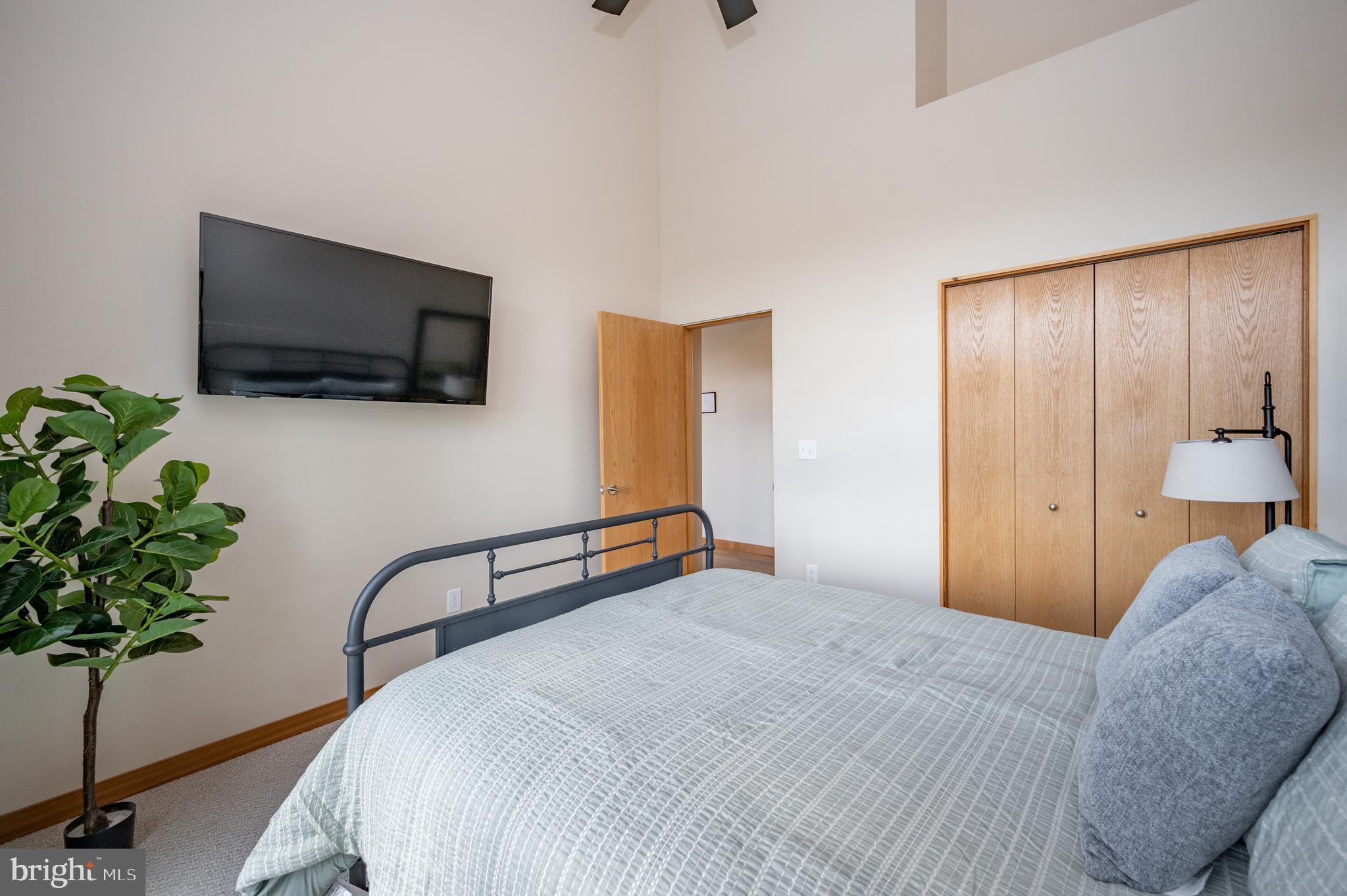 2614 Marsh Hill Road McHenry, MD 21541 - Photo 27 of 76 a bedroom with a bed a flat screen tv and a potted plant