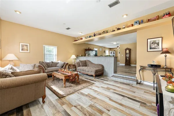a view of a dining room with furniture