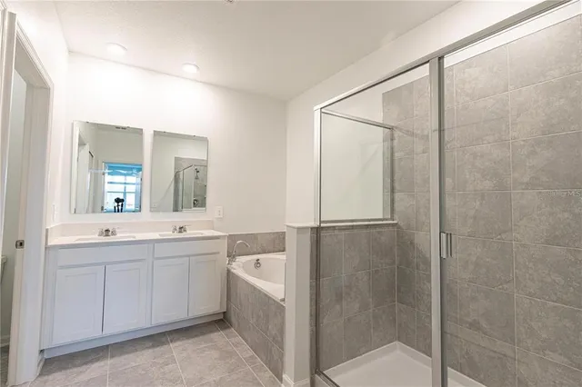 a bathroom with a tub sink and mirror
