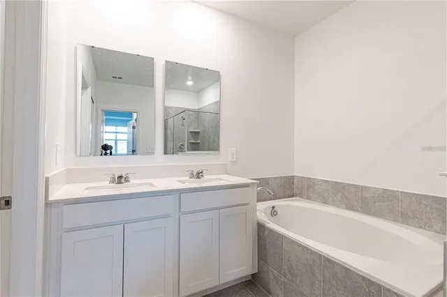 a bathroom with a tub a sink and mirror