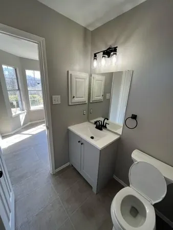 a bathroom with a sink toilet and mirror