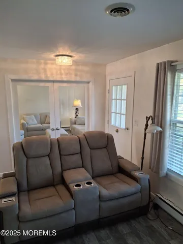 a living room with a fireplace