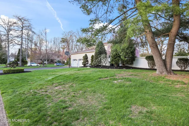 a view of a backyard with large trees