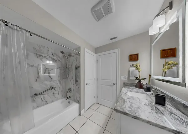 an outdoor space with furniture and garden