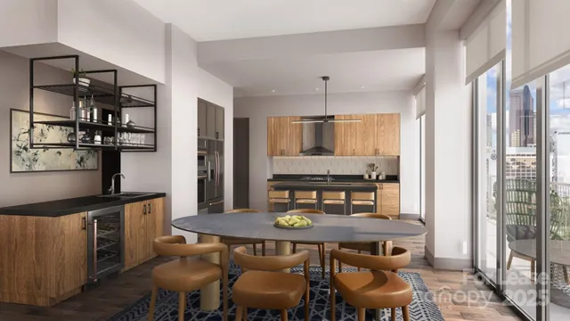 a kitchen with a dining table chairs and refrigerator