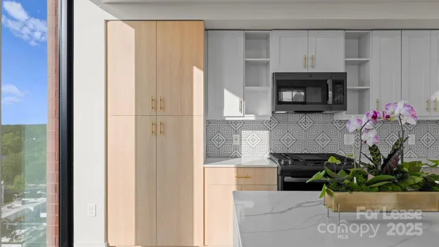 a kitchen with a potted plant on the counter and a wooden floor