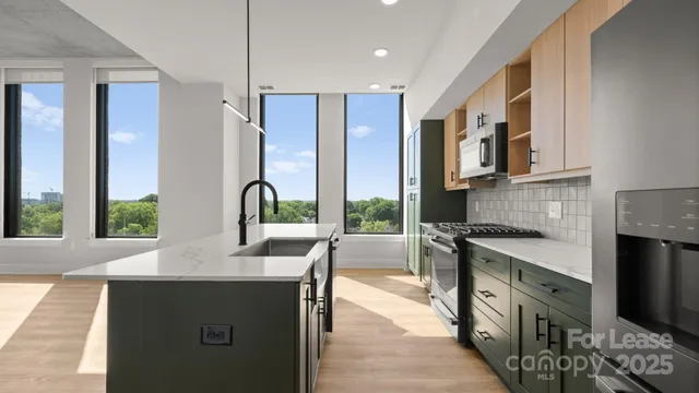 a kitchen with stainless steel appliances granite countertop a stove a sink and a microwave