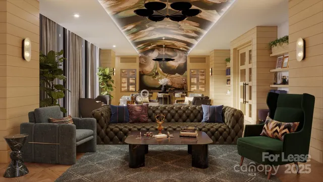 a living room with furniture and a chandelier