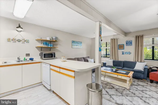 a living room with stainless steel appliances furniture and a kitchen view