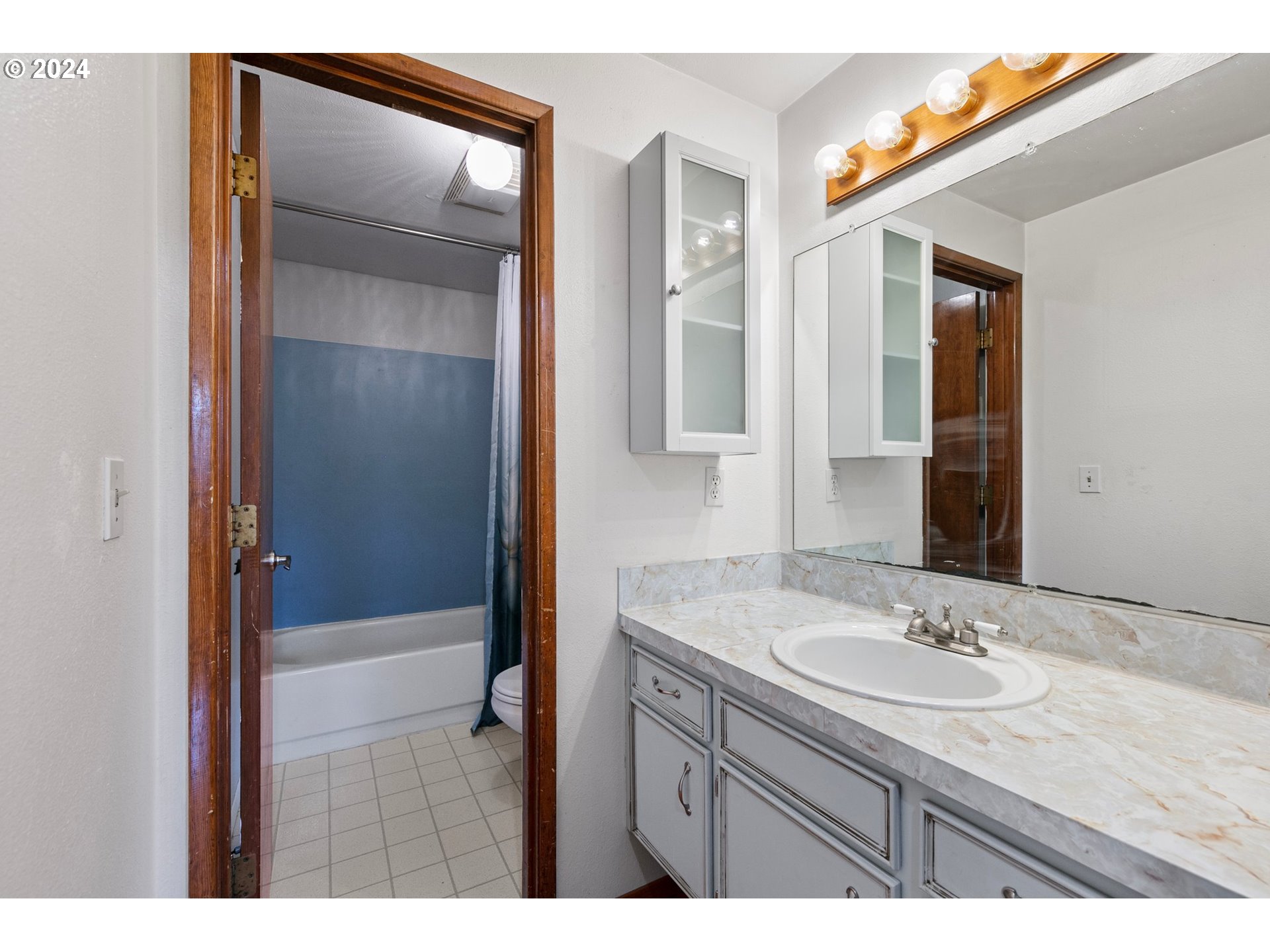 1073 56th Place Springfield, OR 97478 - Photo 20 of 27 a bathroom with a granite countertop sink mirror and a bathtub