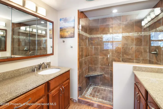 a bathroom with a granite countertop sink a mirror and a shower