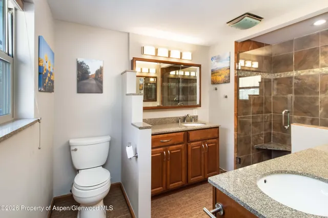 a bathroom with a granite countertop toilet sink and mirror