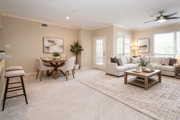 a living room with furniture and a potted plant