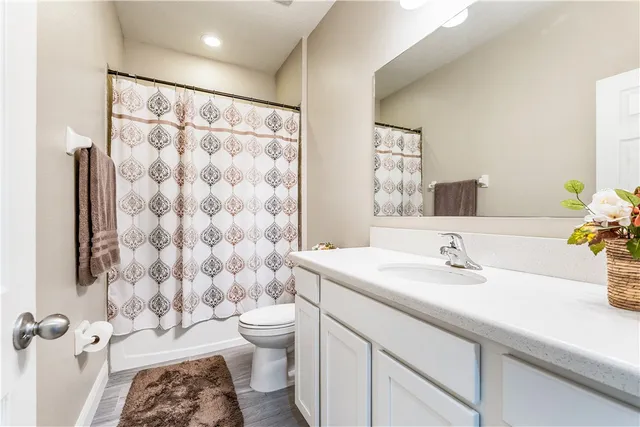 a bathroom with a sink toilet a mirror and shower curtain