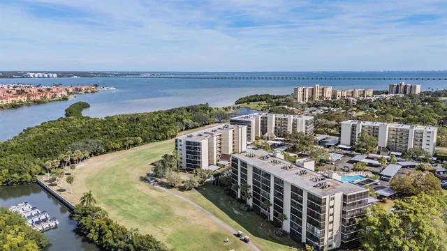 a view of a city with lawn chairs