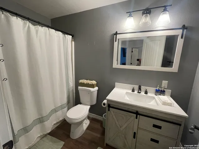 a bathroom with a sink a toilet and mirror