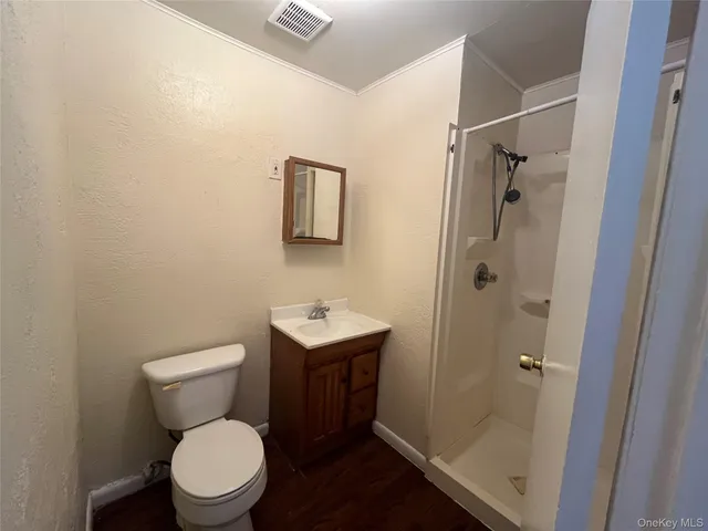 a bathroom with a toilet a sink a shower and vanity