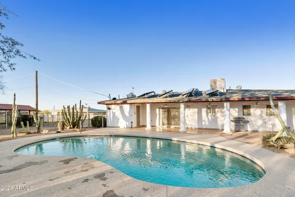 a view of a swimming pool with a yard and plants