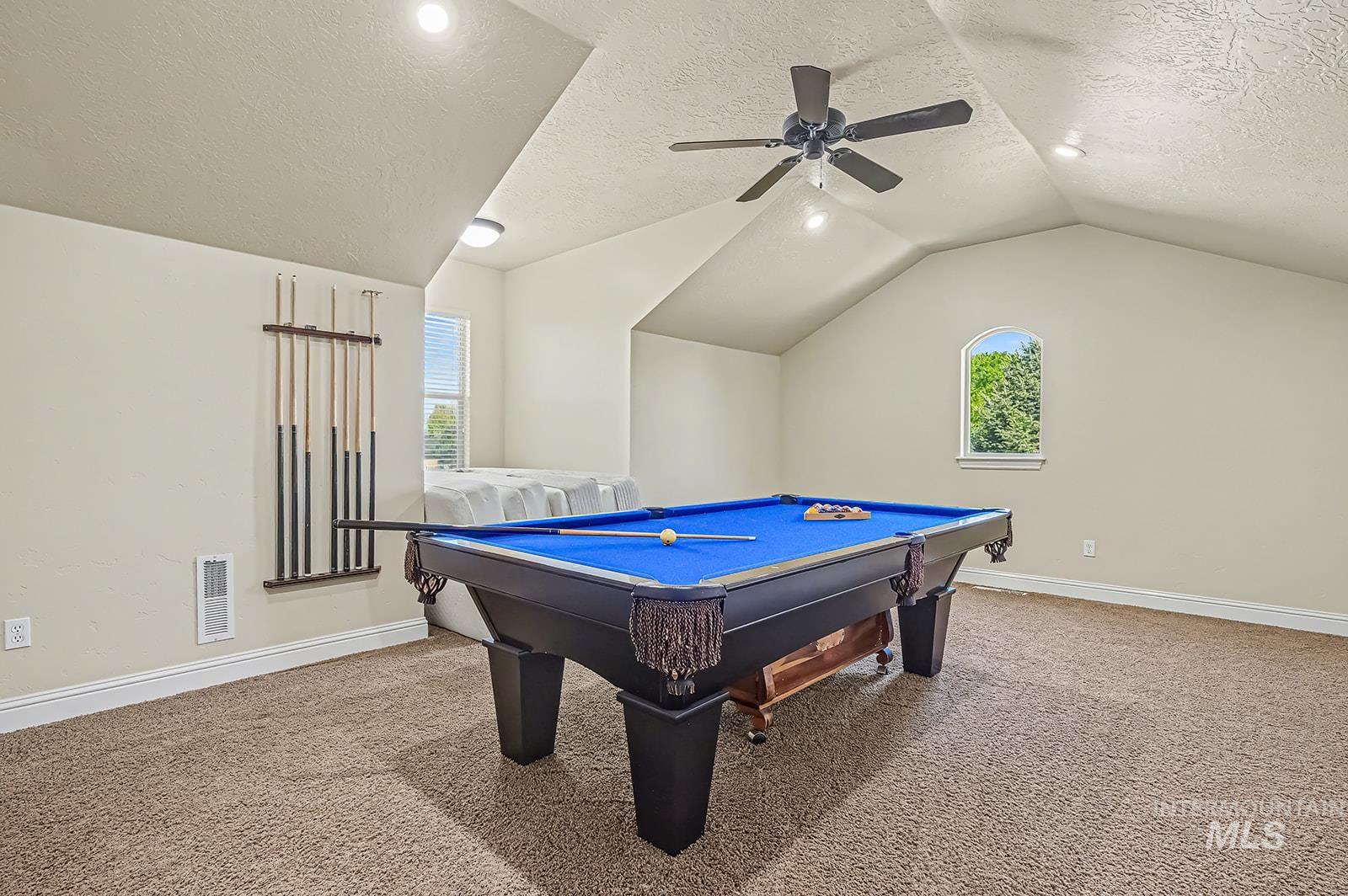 8751 West Rioja Street Star, ID 83669 - Photo 17 of 34 Spacious bonus room featuring vaulted ceilings, recessed lighting, ceiling fan, arched window, and plush carpet flooring