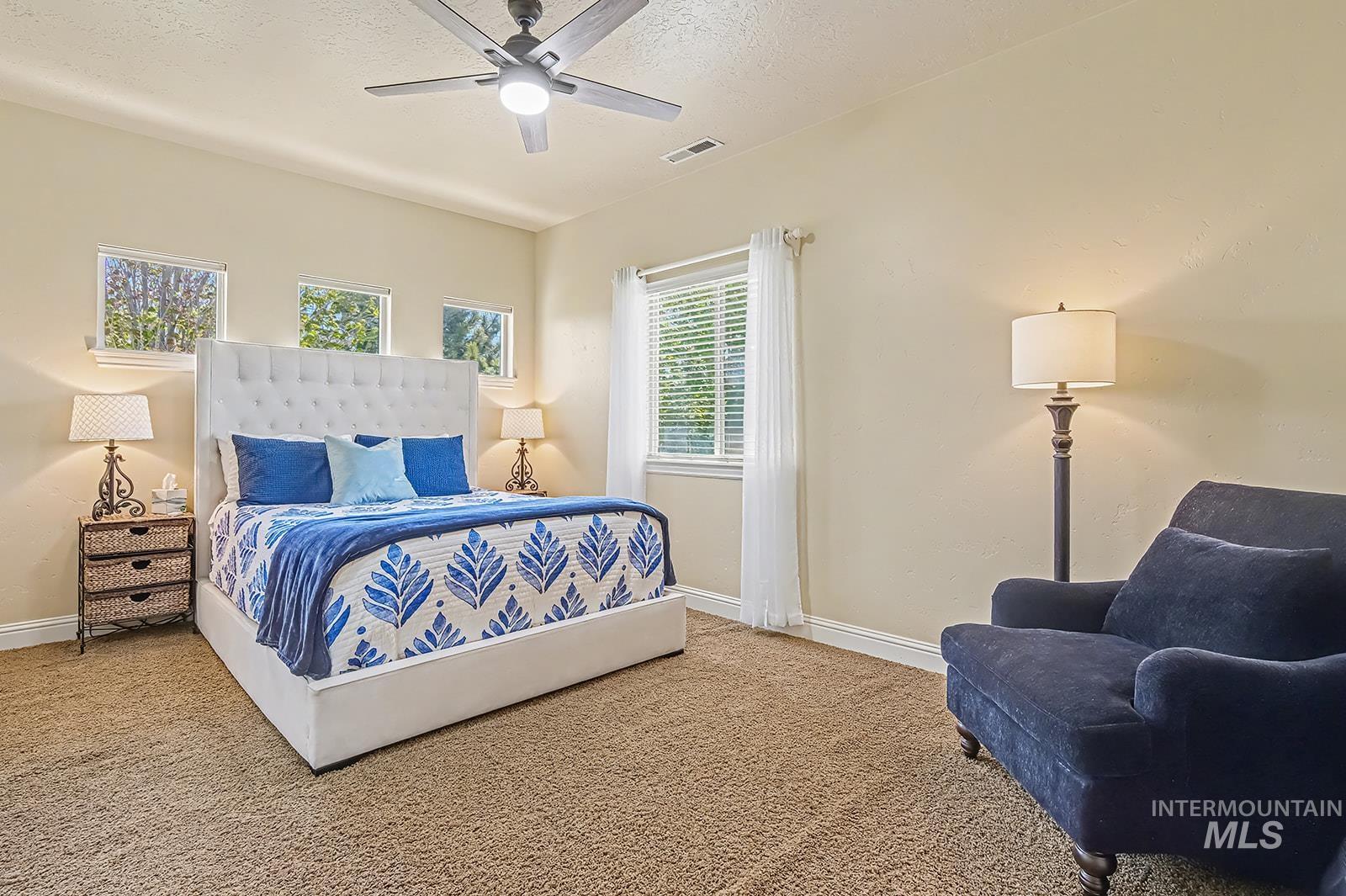 8751 West Rioja Street Star, ID 83669 - Photo 20 of 34 Carpeted room featuring a ceiling fan with integrated lighting, three transom windows, and a larger window with blinds and sheer curtains