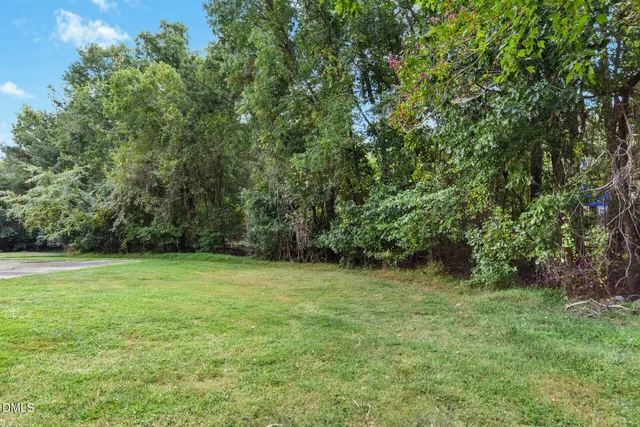 a view of a green field with trees