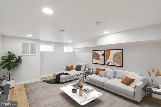 a living room with furniture and a potted plant