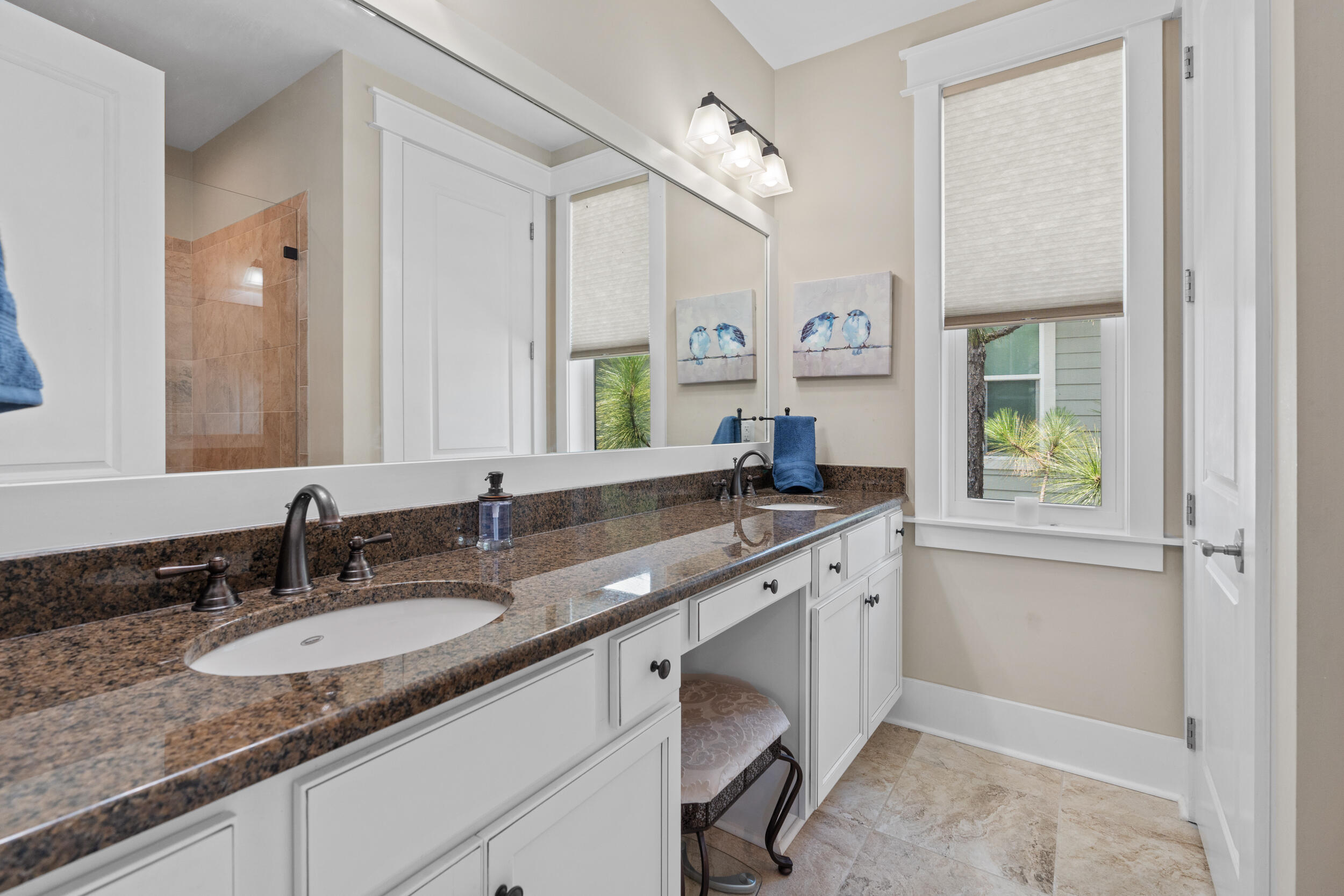 694 Flatwoods Forest Loop Santa Rosa Beach, FL 32459 - Photo 28 of 50 a bathroom with a granite countertop sink and a mirror