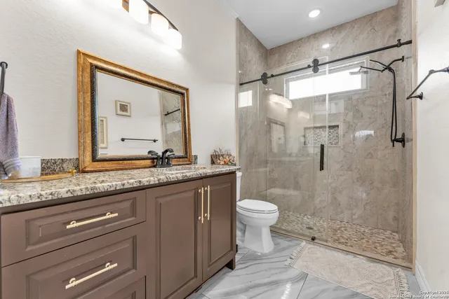 a bathroom with a granite countertop sink toilet a mirror and shower
