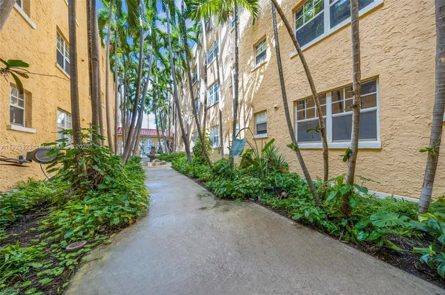 a building view with a garden space