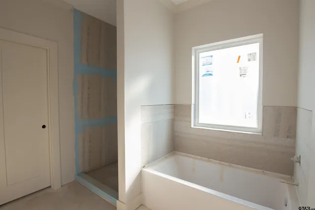 a bathroom with a tub and shower