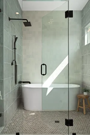a bathroom with a shower and a mirror