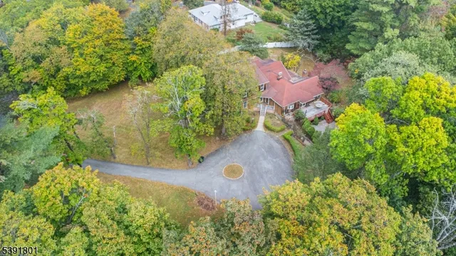 an aerial view of a house with yard and green space