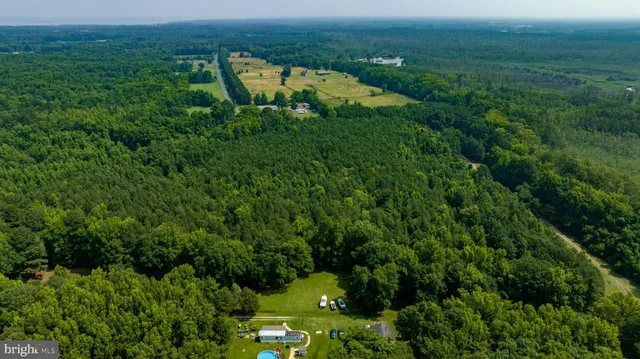 an aerial view of residential houses with outdoor space and trees