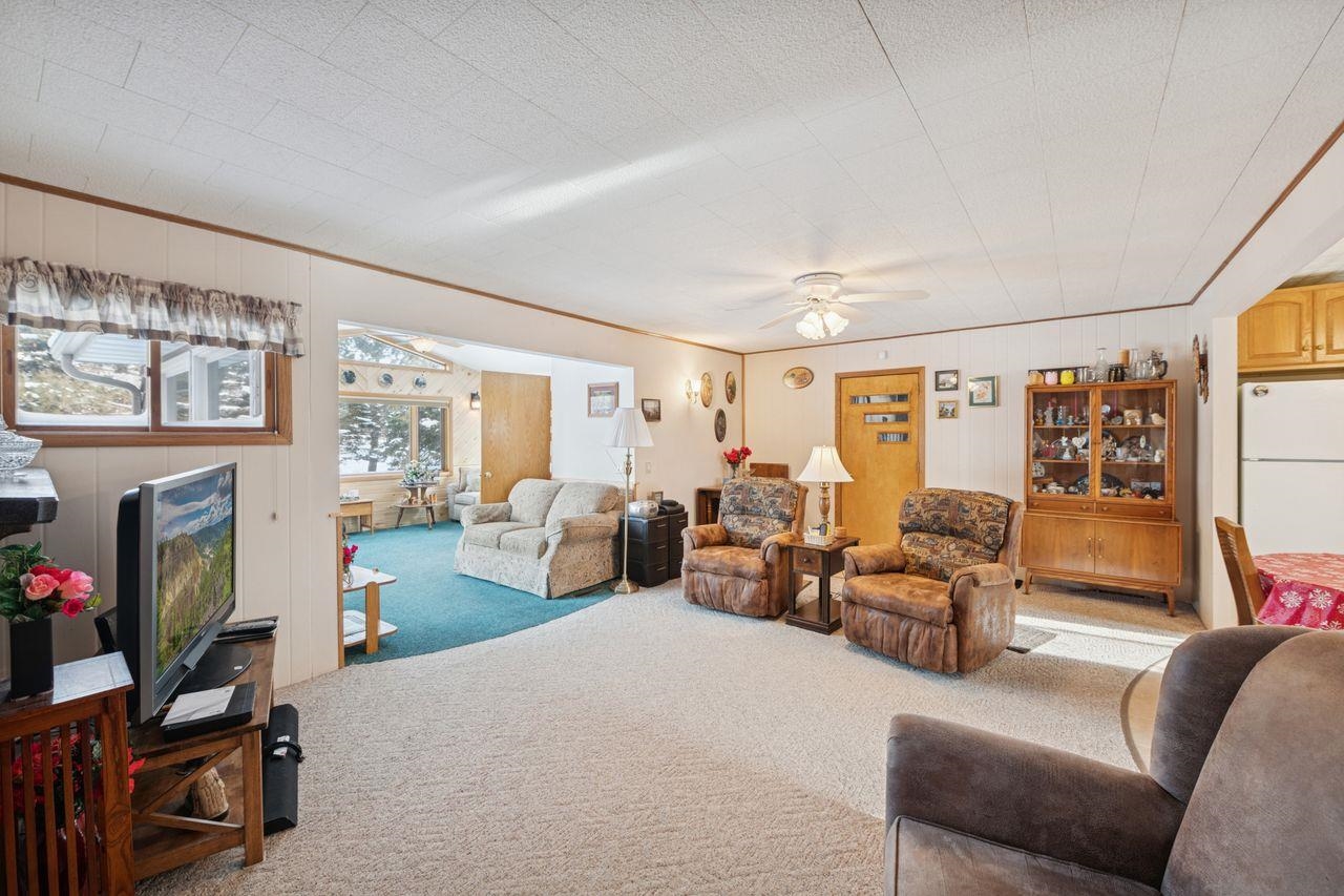 65915 Selke Road Mason, WI 54856 - Photo 6 of 33 Living room featuring carpet flooring, wood walls, and a ceiling fan
