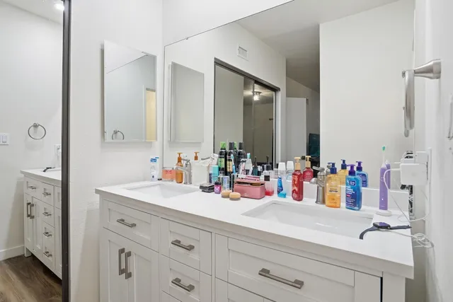 a bathroom with a sink vanity and a mirror