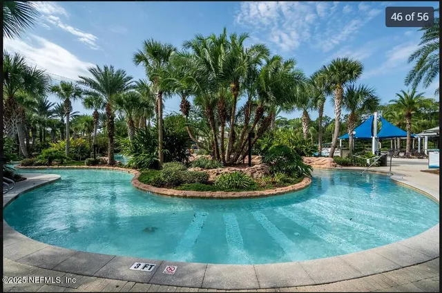 a view of a swimming pool with a patio and plants