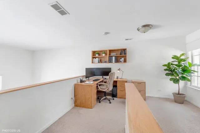 a workspace with furniture and a potted plant