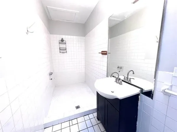 a bathroom with a sink a mirror and a shower