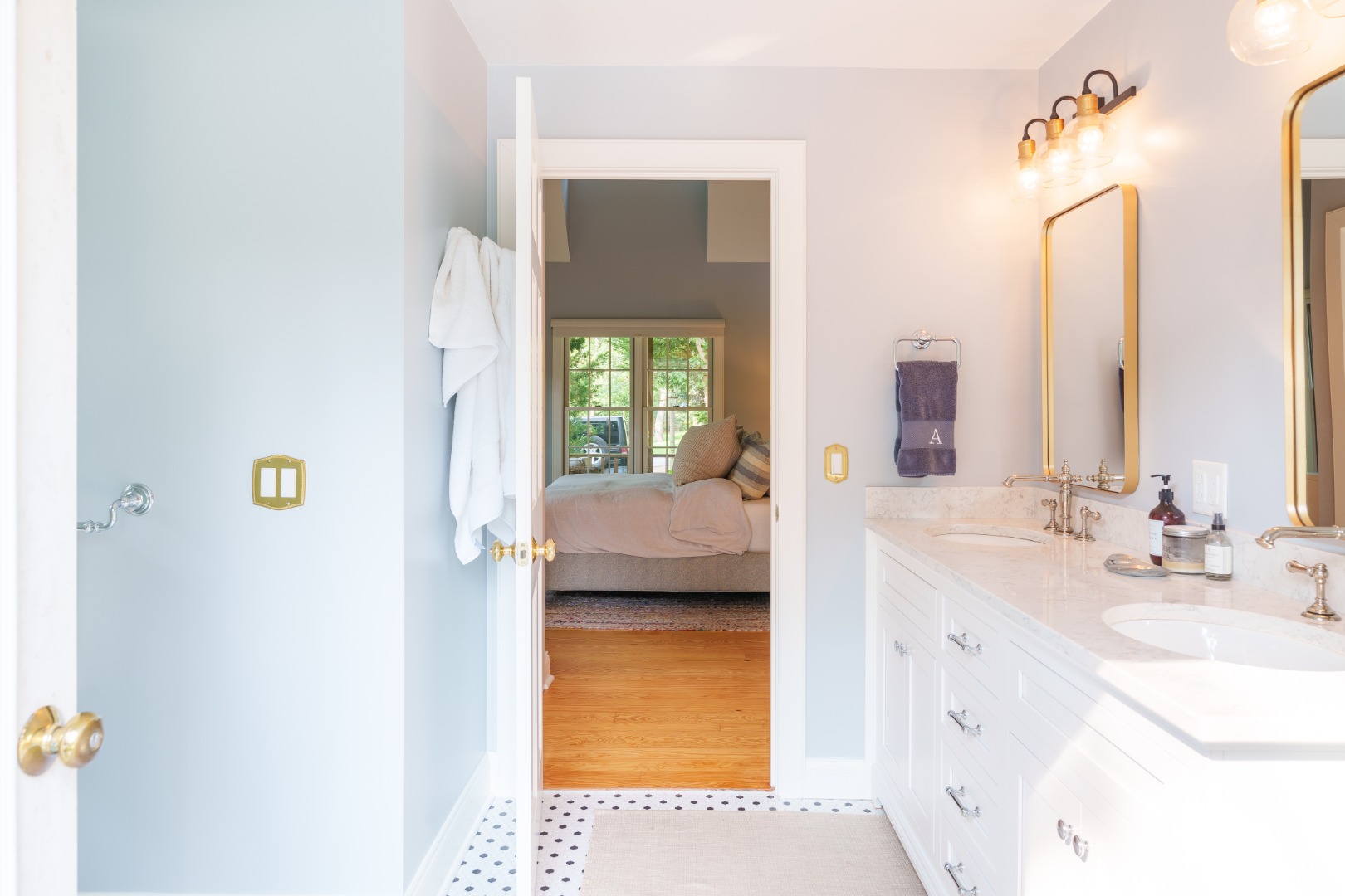 70 Marthas Road Edgartown, MA 02539 - Photo 34 of 54 a en suite bathroom with a granite countertop sink and a mirror