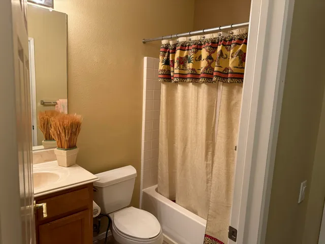 a white toilet sitting next to a shower curtain