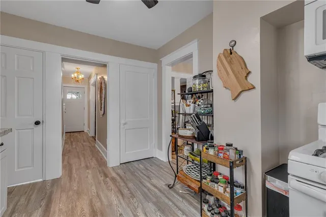 a view of a hallway with wooden floor and closet