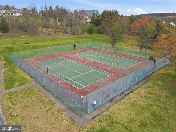 a view of a tennis ground with large trees