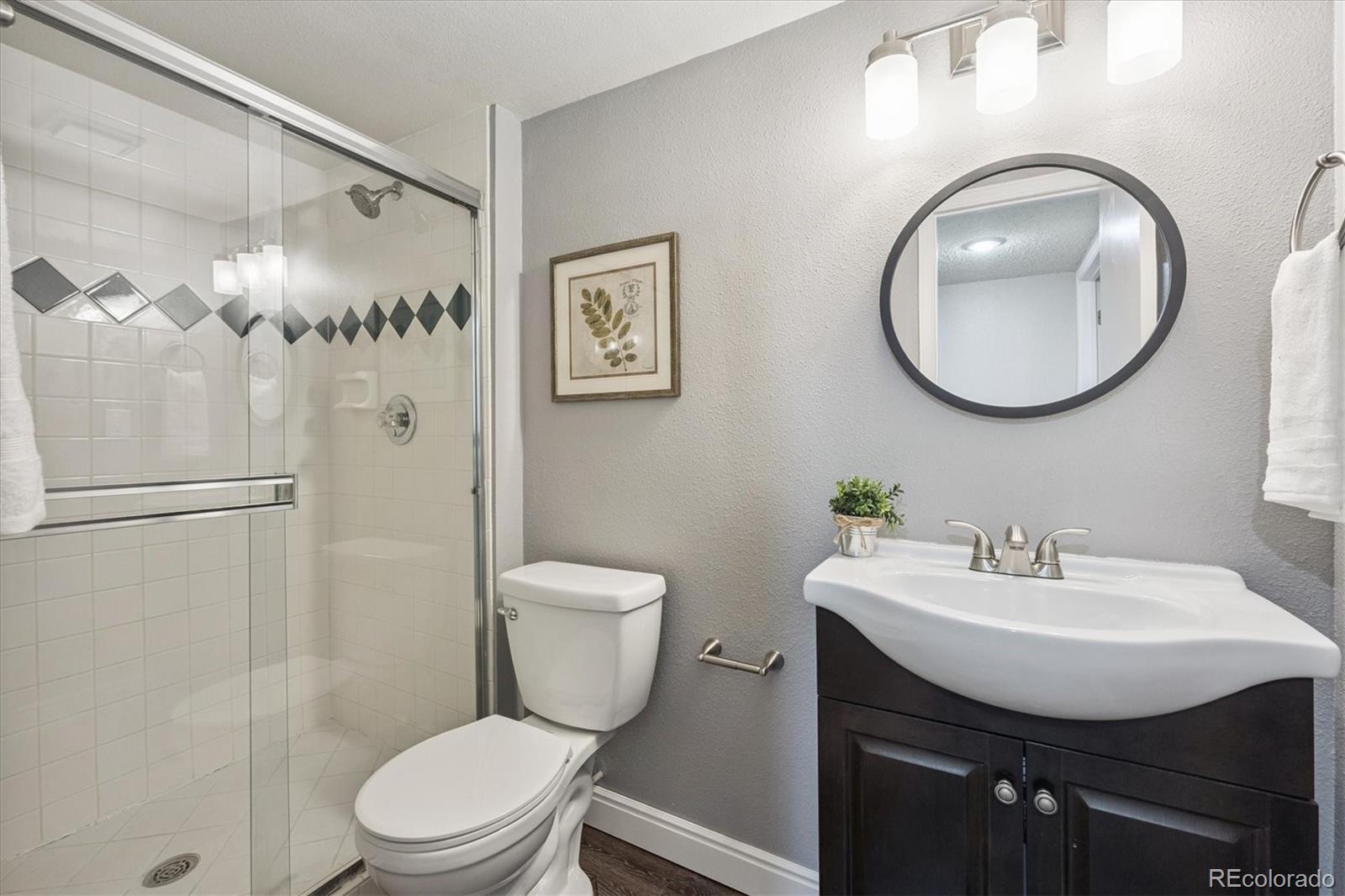 669 Walden Court Highlands Ranch, CO 80126 - Photo 11 of 34 a bathroom with a toilet a sink and mirror