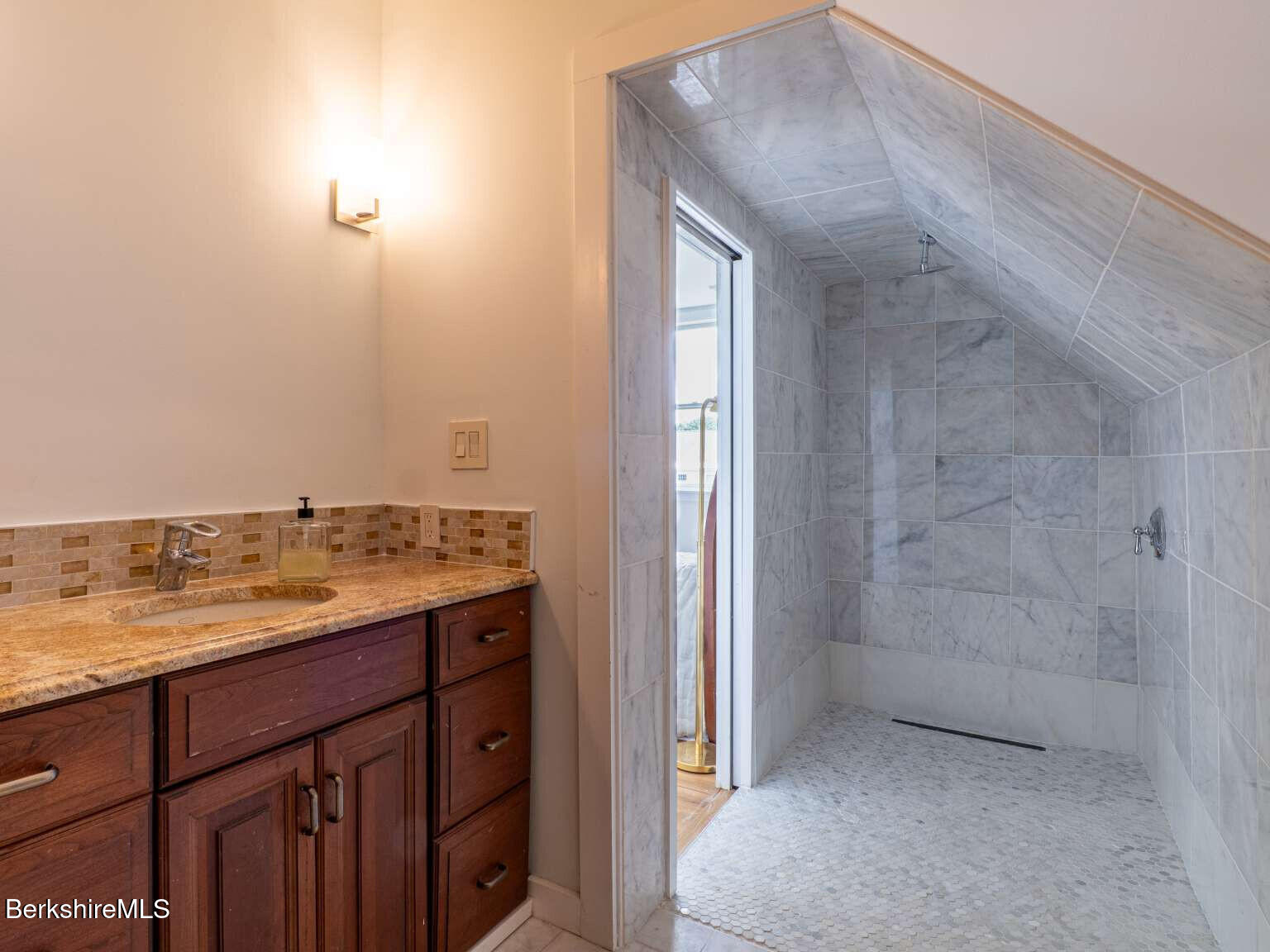 160 High Street Lee, MA 01238 - Photo 25 of 41 a bathroom with a granite countertop sink and a mirror