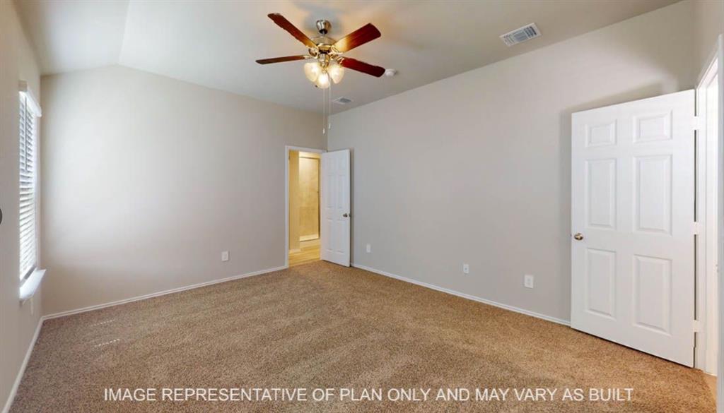 3112 Cyprian Road Lorena, TX 76655 - Photo 12 of 20 Spacious bedroom with neutral wall finishes, wood-finish flooring, ceiling fan with integrated lighting, and dual closet access via six-panel doors