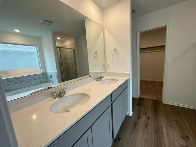 a bathroom with a sink and a large mirror