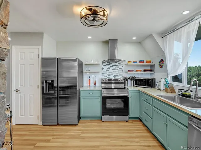 a kitchen with stainless steel appliances granite countertop a stove and a refrigerator
