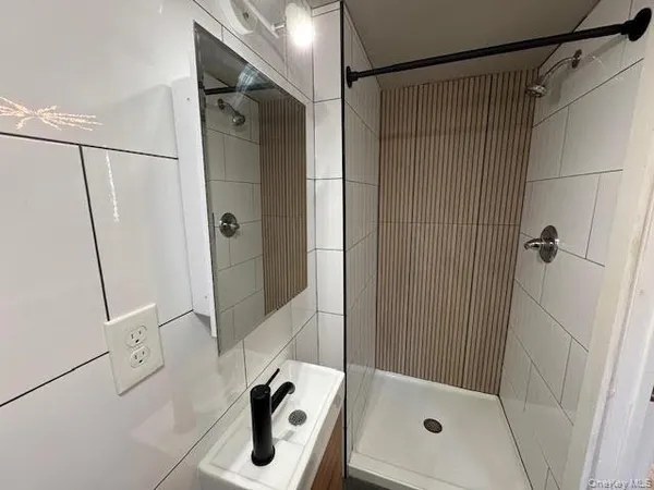 a bathroom with a shower and a mirror